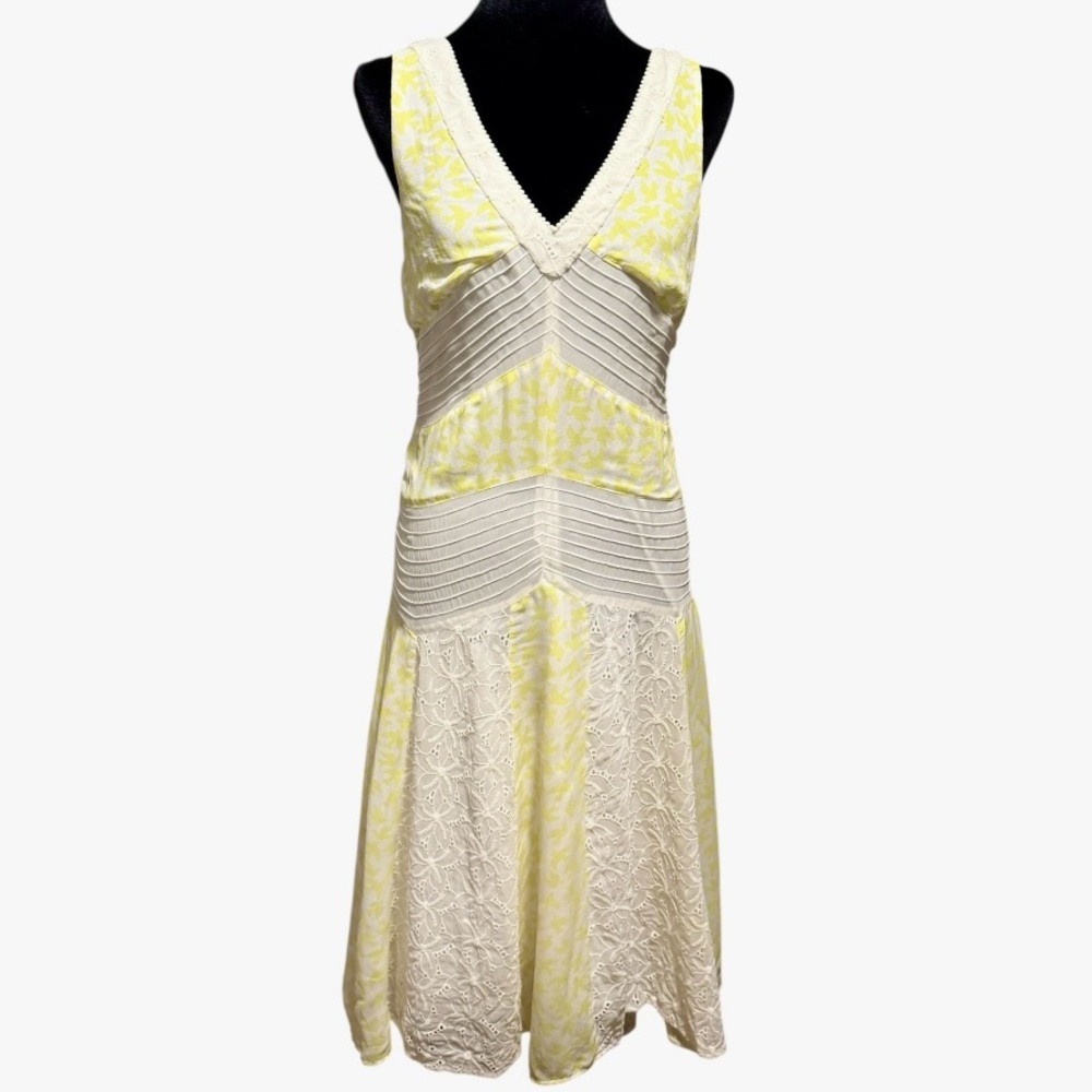 Anthropologie Leifnotes Dress Sz 2 Yellow White Sleeveless Midi Cutout Back EUC